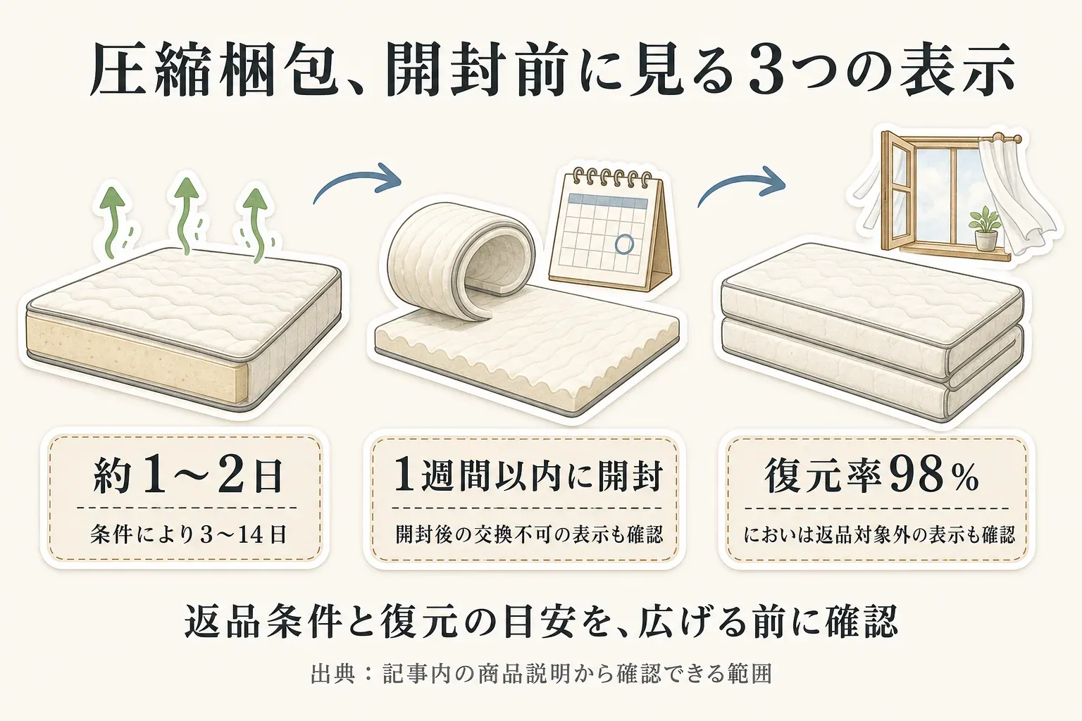 高反発マットレスの返品・開封前確認を示す図。注文前に返品特約、期限、送料、開封後の交換可否を確認し、到着後は梱包を開く前に商品名・サイズ・カラーを確認する。開封すると圧縮前の状態に戻せず、交換条件を失う可能性があることを示す。出典：消費者庁「通信販売広告Q＆A」と記事内の商品説明。