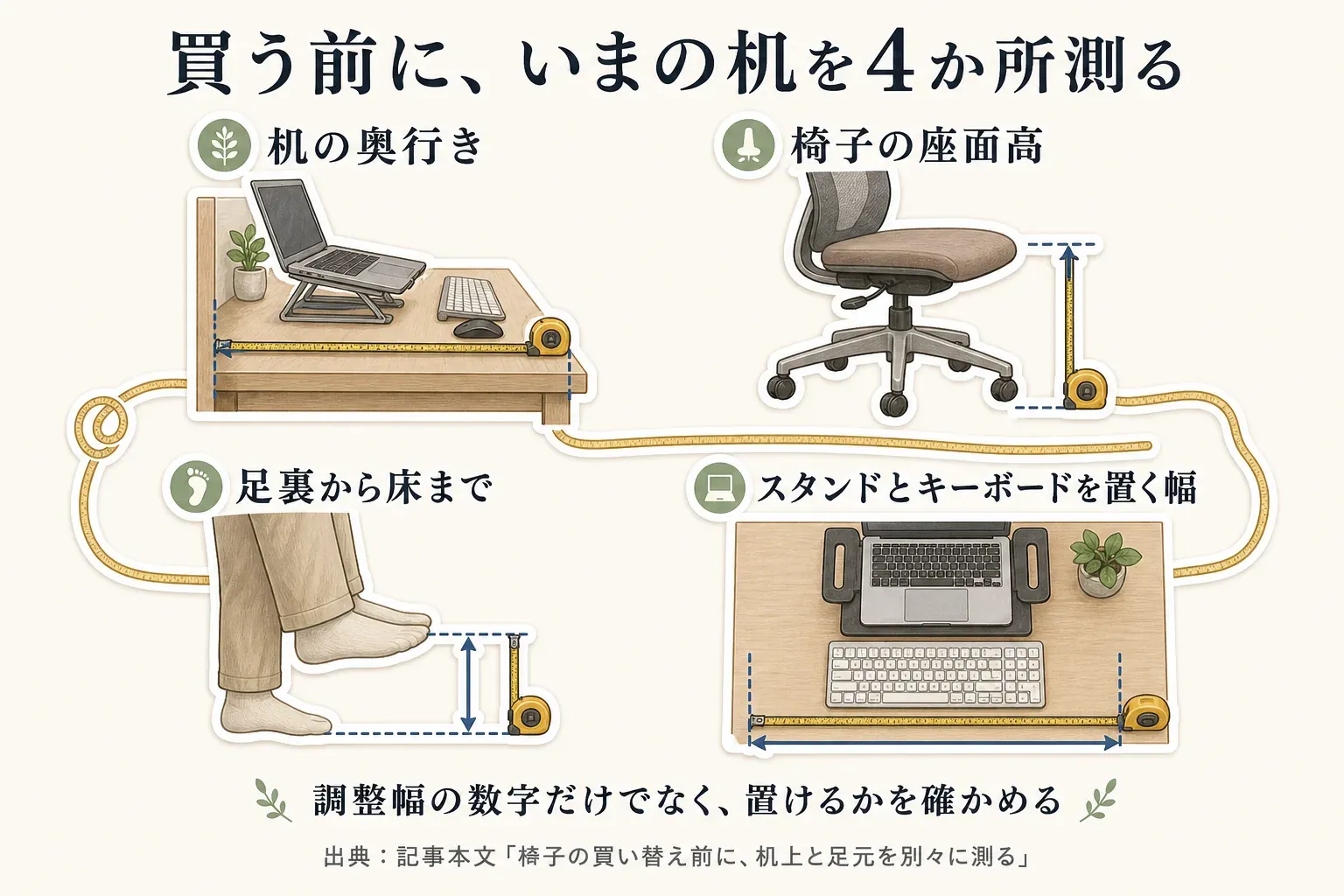 購入前に机を測る4か所。ノートPCスタンドとキーボードを置く幅、机の奥行き、椅子の座面高、座ったときの足裏から床までの距離をメジャーで確認する。出典：記事本文「まとめ：椅子の買い替え前に、机上と足元を別々に測る」。
