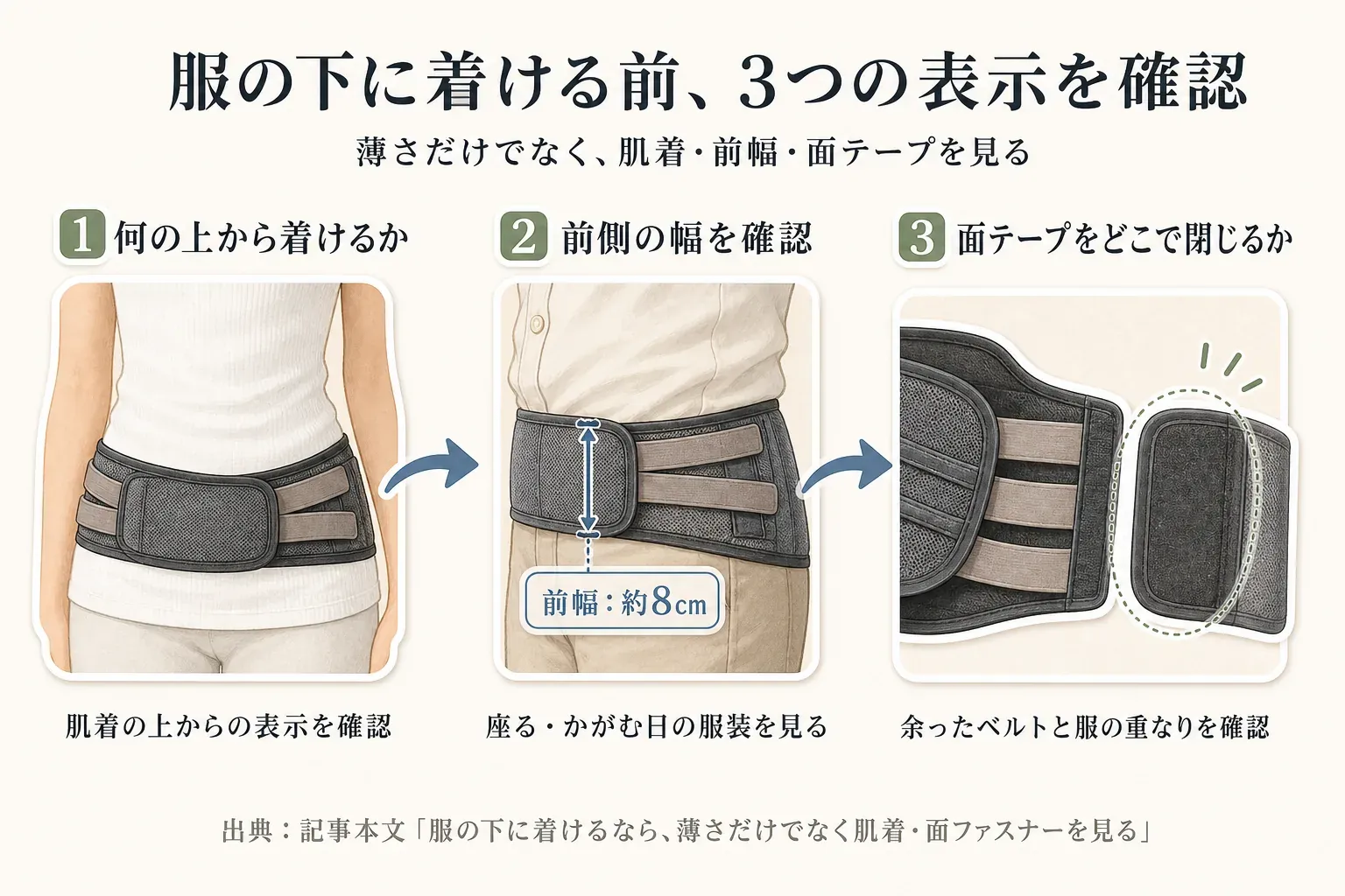 服の下に腰まわりベルトを着ける前の3つの表示確認を示す図。肌着の上から着ける表示、座る・かがむ日の服装に関わる前幅約8cm、余ったベルトと服の重なりに関わる面テープをどこで閉じるかを確認する。出典：記事本文「服の下に着けるなら、薄さだけでなく肌着・面ファスナーを見る」。