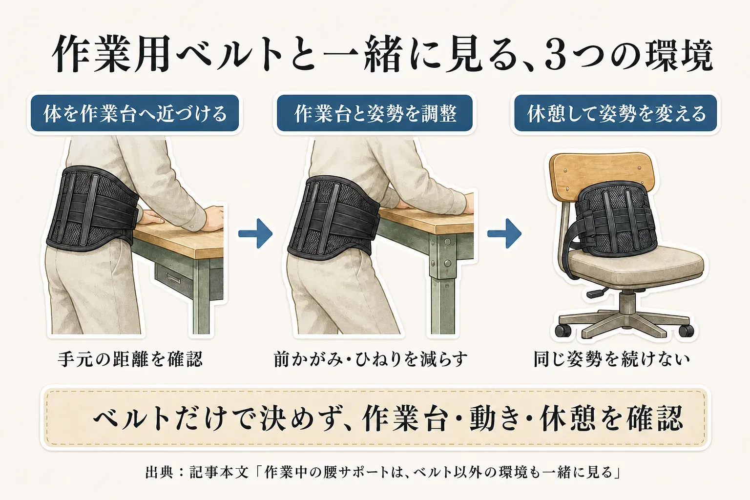 作業用ベルトと一緒に見る3つの作業環境を示す図。体を作業台へ近づけて手元との距離を確認し、作業台と姿勢を調整して前かがみ・ひねりを減らし、休憩して同じ姿勢を続けないことを示す。出典：記事本文「作業中の腰サポートは、ベルト以外の環境も一緒に見る」。