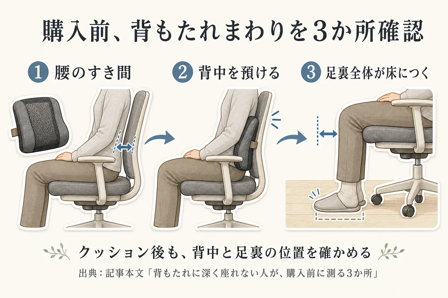 ランバーサポートの購入前に背もたれまわりを確認する3か所。1は腰と背もたれのすき間、2はクッションを置いた後も背中を背もたれに預けられるか、3は座面が高くなっても足裏全体が床につくかを確認する。出典：記事本文「背もたれに深く座れない人が、購入前に測る3か所」。