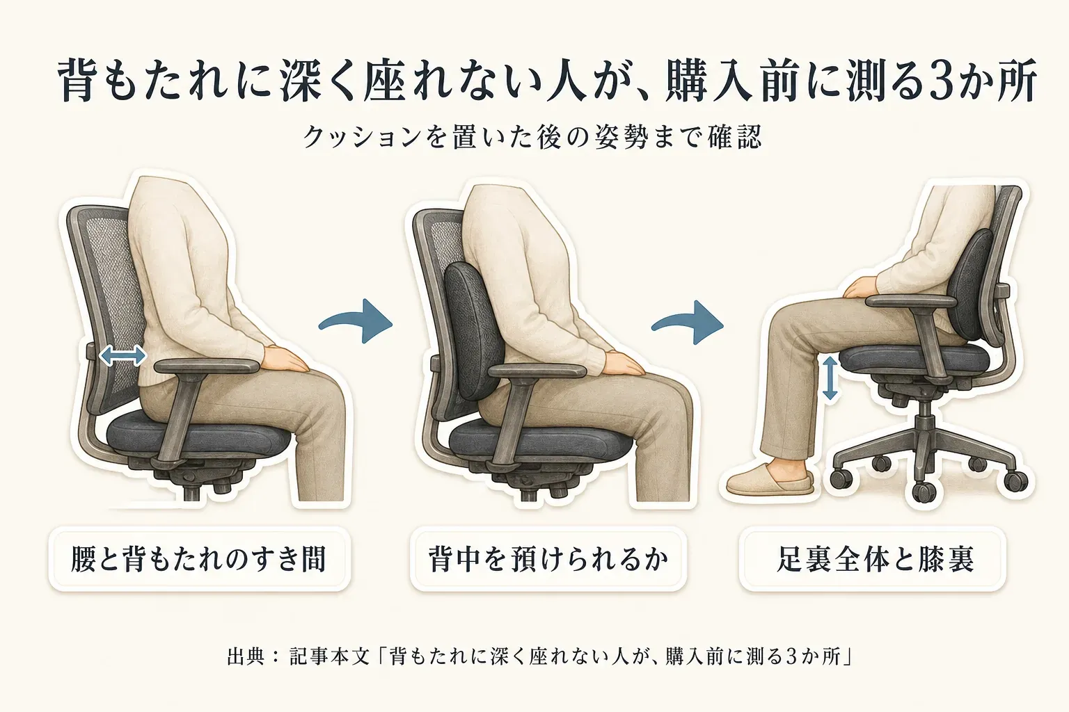 背もたれに深く座れない人が購入前に測る3か所。腰と背もたれのすき間、クッションを置いた後に背中を背もたれへ預けられるか、足裏全体が床につき膝裏が圧迫されないかを、椅子に座った図で示す。出典：記事本文「背もたれに深く座れない人が、購入前に測る3か所」。