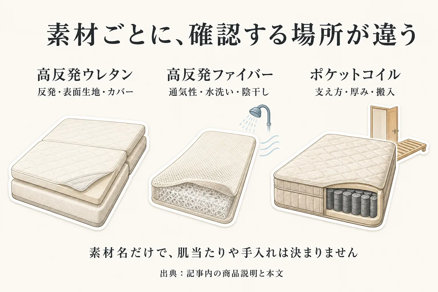 素材ごとに確認する場所の違いを示す図。高反発ウレタンは反発・表面生地・カバー、高反発ファイバーは通気性・水洗い・陰干し、ポケットコイルは支え方・厚み・搬入を確認し、素材名だけでは肌当たりや手入れは決まらないことを示す。出典：記事内の商品説明と本文。