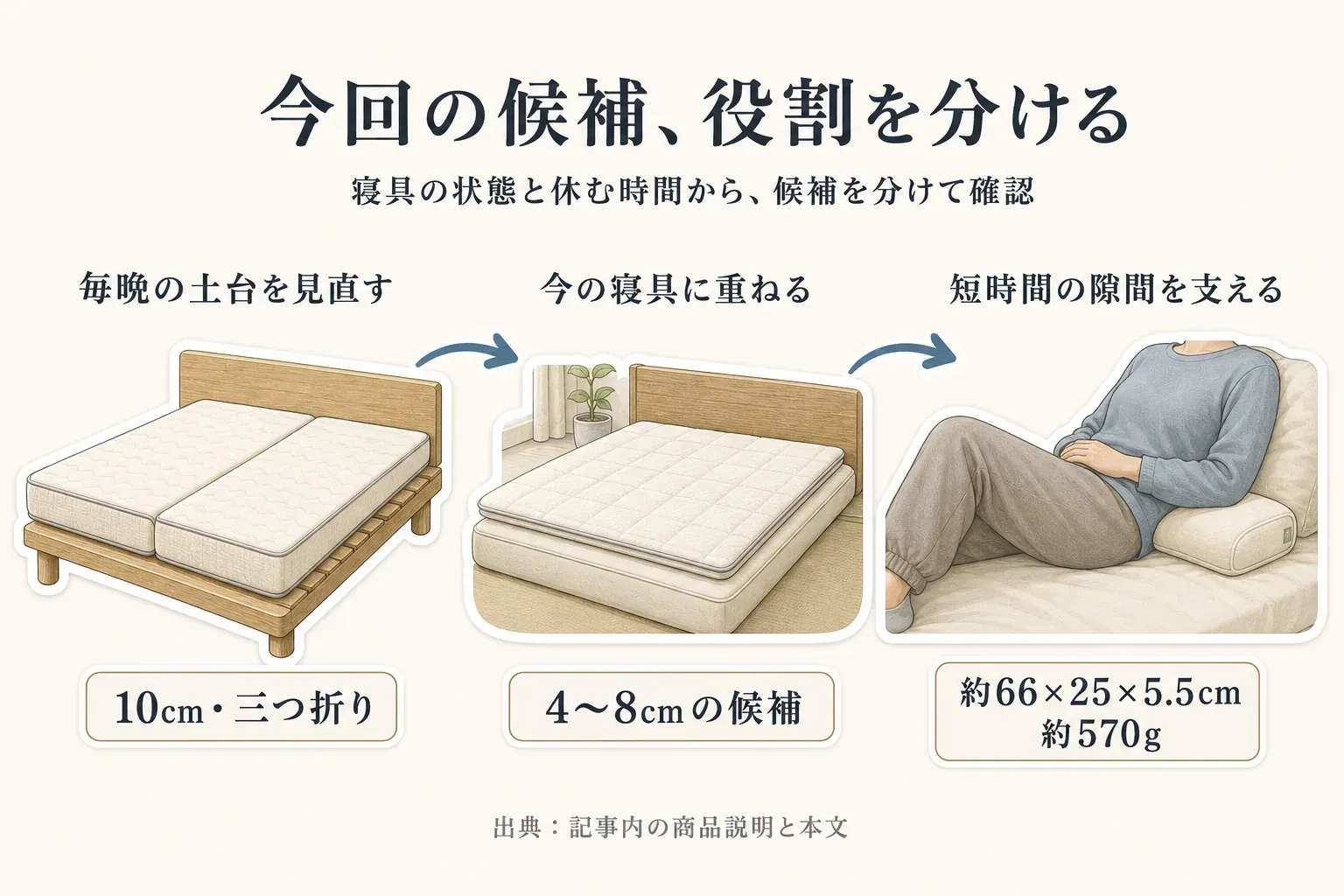 寝具の状態と休む時間で候補を分ける図。毎晩の土台を見直す10cm・三つ折りのマットレス、今の寝具に重ねる4〜8cmのトッパー、短時間の隙間を支える約66×25×5.5cm・約570gの腰枕を示す。出典：記事内の商品説明と本文。