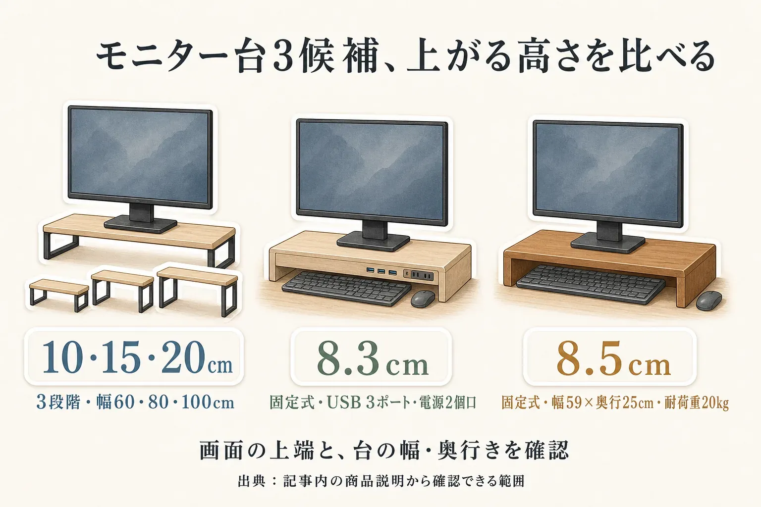 モニター台3候補の上がる高さを比較する図。3段階調整タイプは10・15・20cmで幅60・80・100cm、電源・USB付き固定式は高さ8.3cmでUSB 3ポート・電源2個口、キエットの固定式は高さ8.5cmで幅59×奥行25cm・耐荷重20kgと示し、画面の上端と台の幅・奥行きを確認するよう案内する。出典：記事内の商品説明から確認できる範囲。