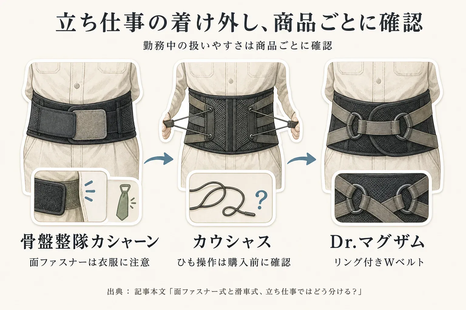 立ち仕事用腰サポーターの着け外しを商品ごとに確認する図。骨盤整隊カシャーンは面ファスナーが衣服に触れないか、カウシャスは滑車式のひも操作、Dr.マグザムはリング付きWベルトを確認する様子を示す。出典：記事本文「面ファスナー式と滑車式、立ち仕事ではどう分ける？」。