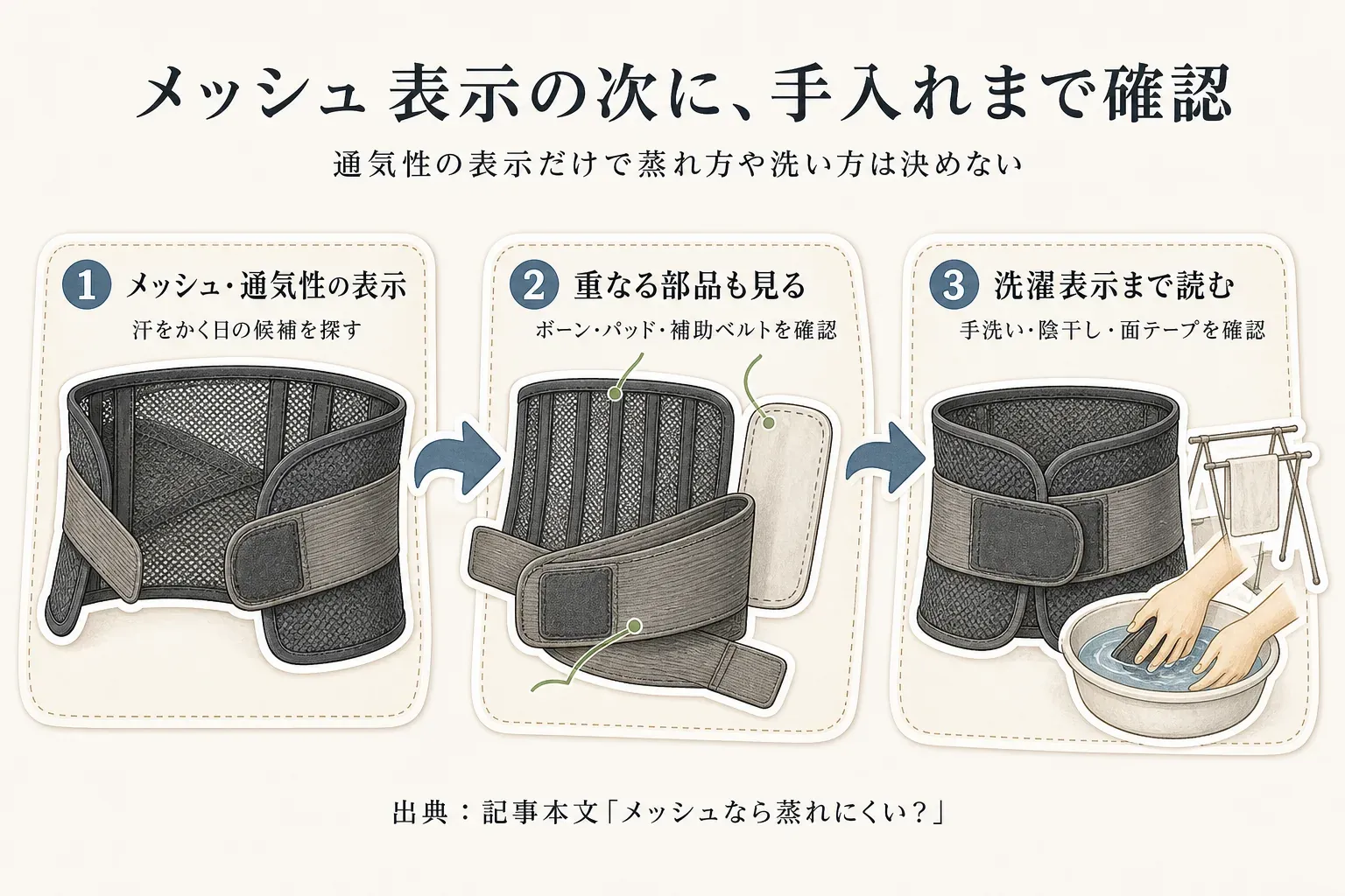 メッシュ腰サポーターの確認手順。まずメッシュ・通気性の表示で汗をかく日の候補を探し、次にボーン・パッド・補助ベルトなど重なる部品を確認し、最後に手洗い・陰干し・面テープの扱いなど洗濯表示まで読む。出典：記事本文「メッシュなら蒸れにくい？」。