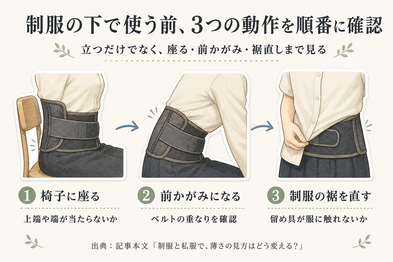 制服の下に腰サポーターを着けた状態で、椅子に座って上端や端の当たりを確認し、前かがみでベルトの重なりを確認し、制服の裾を直して留め具が服に触れないかを確認する3つの動作。出典：記事本文「制服と私服で、薄さの見方はどう変える？」。