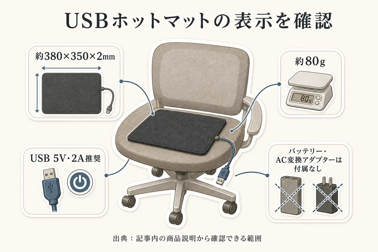 椅子に敷いたUSBホットマットの表示確認図。サイズは約380×350×2mm、重さは約80g、USB 5V・2A推奨で、バッテリーとAC変換アダプターは付属しない。出典：記事内の商品説明から確認できる範囲。